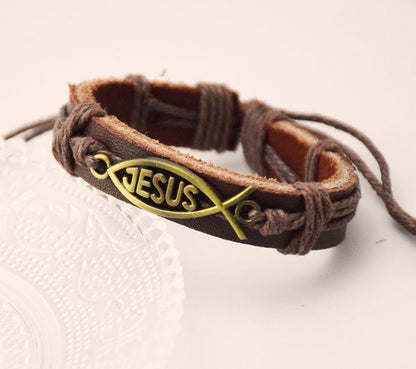 Small Vintage Jesus Leather Jewelry Twine Bracelet